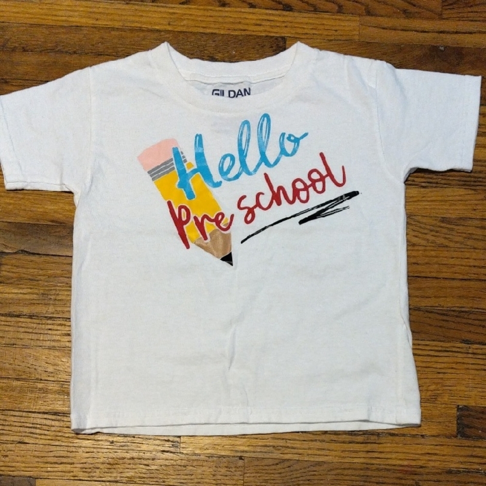 Gildan Kids White Tee with Colorful 'Hello Preschool' Design